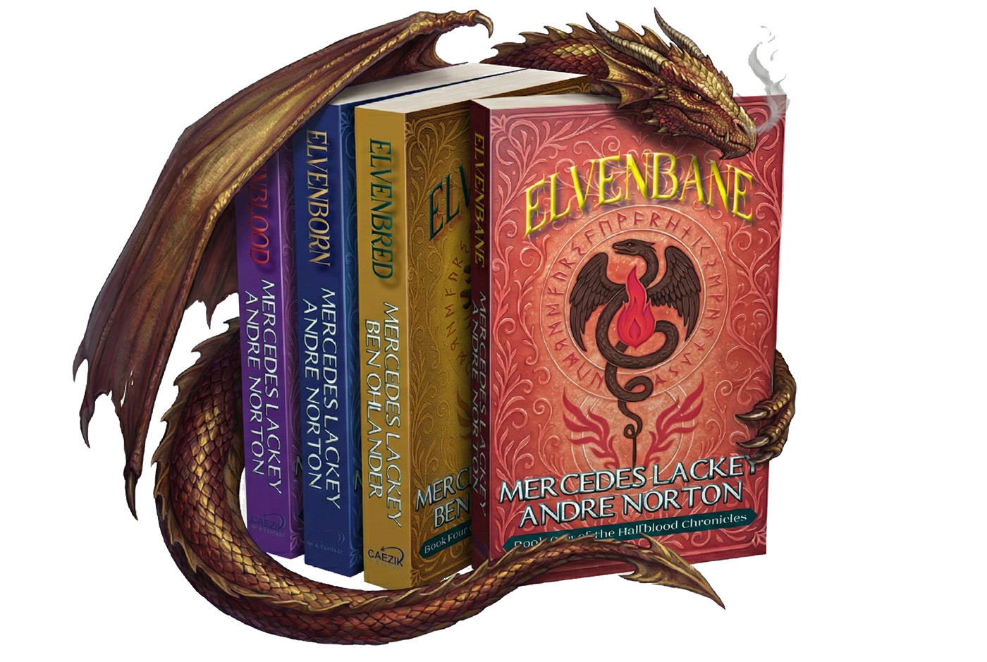The four Halfblood Chronicles books stacked, Elvenbane in front, a dragon coiled around them