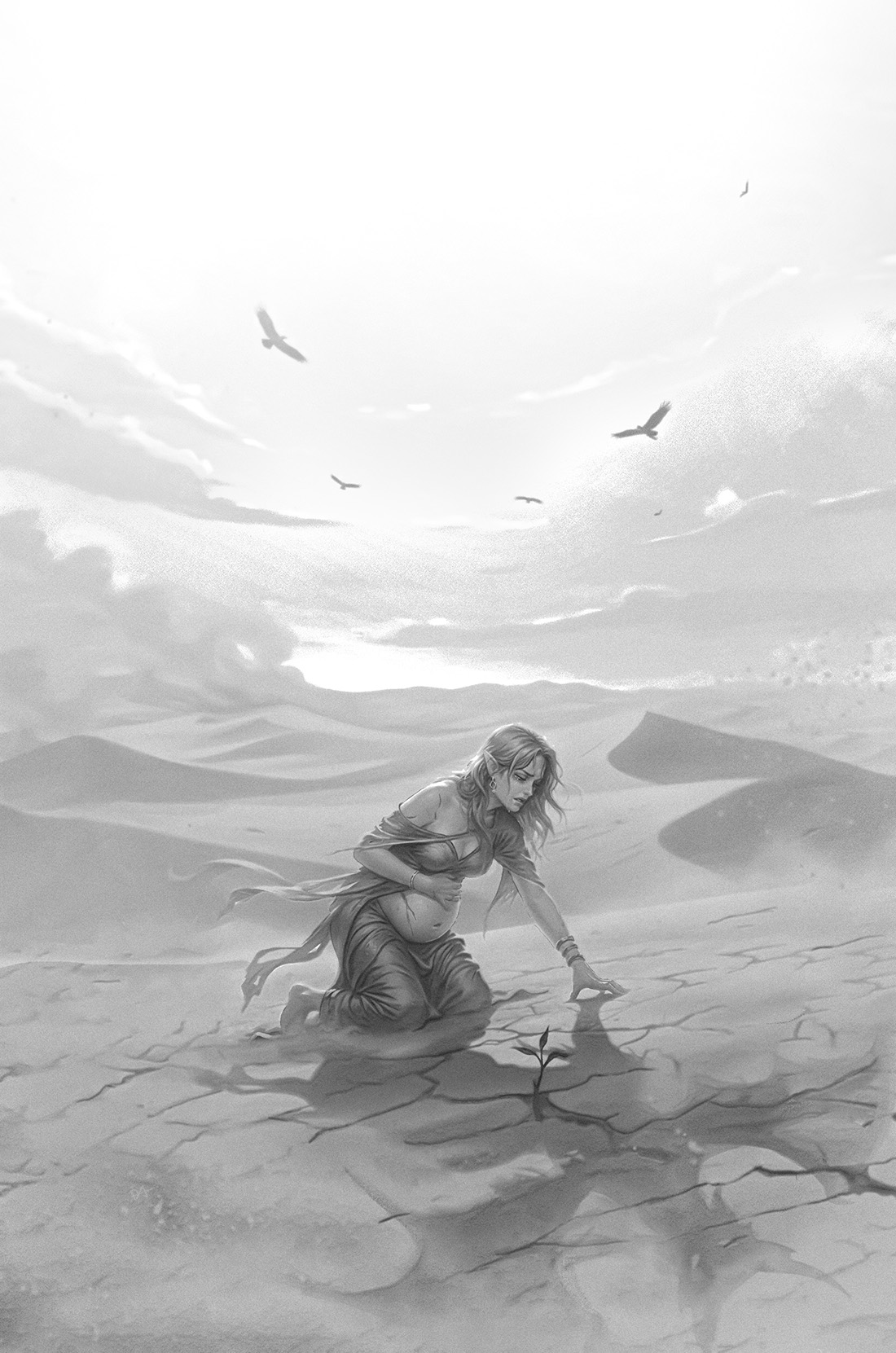 Serina, cast into the desert, reaches for a single green sprout in the cracked earth as carrion birds circle overhead